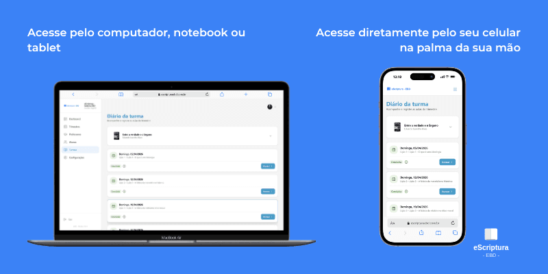 eScriptura aberto em um celular e em um notebook lado a lado